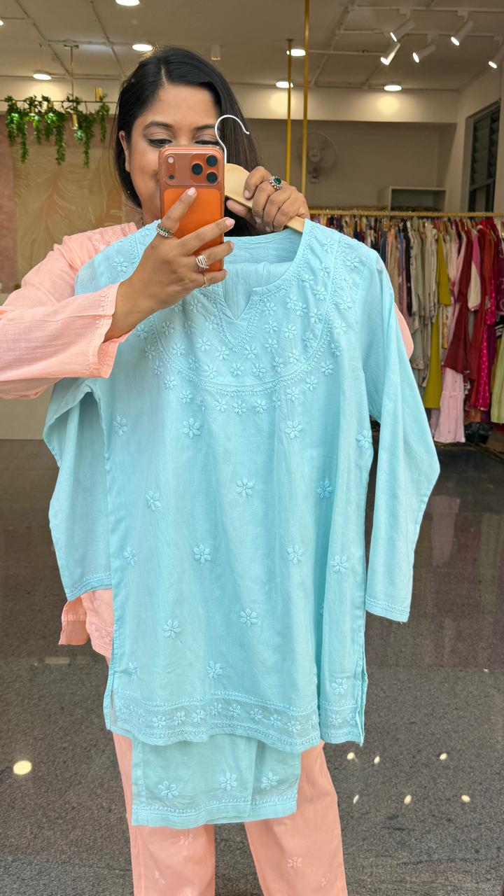 Mul cotton chikankari lining co ord set in blue( slight slim)