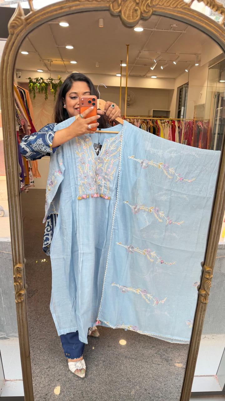 Powder blue embroidery full suit in premium Mul chanderi