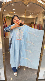 Powder blue embroidery full suit in premium Mul chanderi