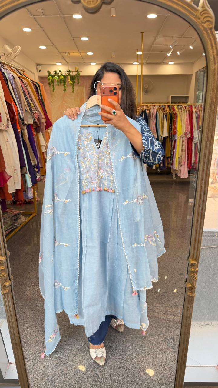 Powder blue embroidery full suit in premium Mul chanderi