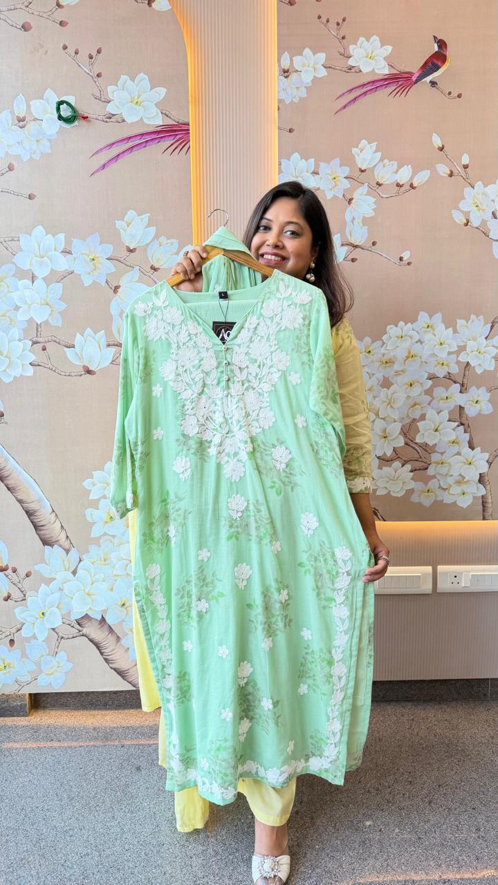 Restocked bestseller! Pure Mul cotton chikankari full suit set in sea green