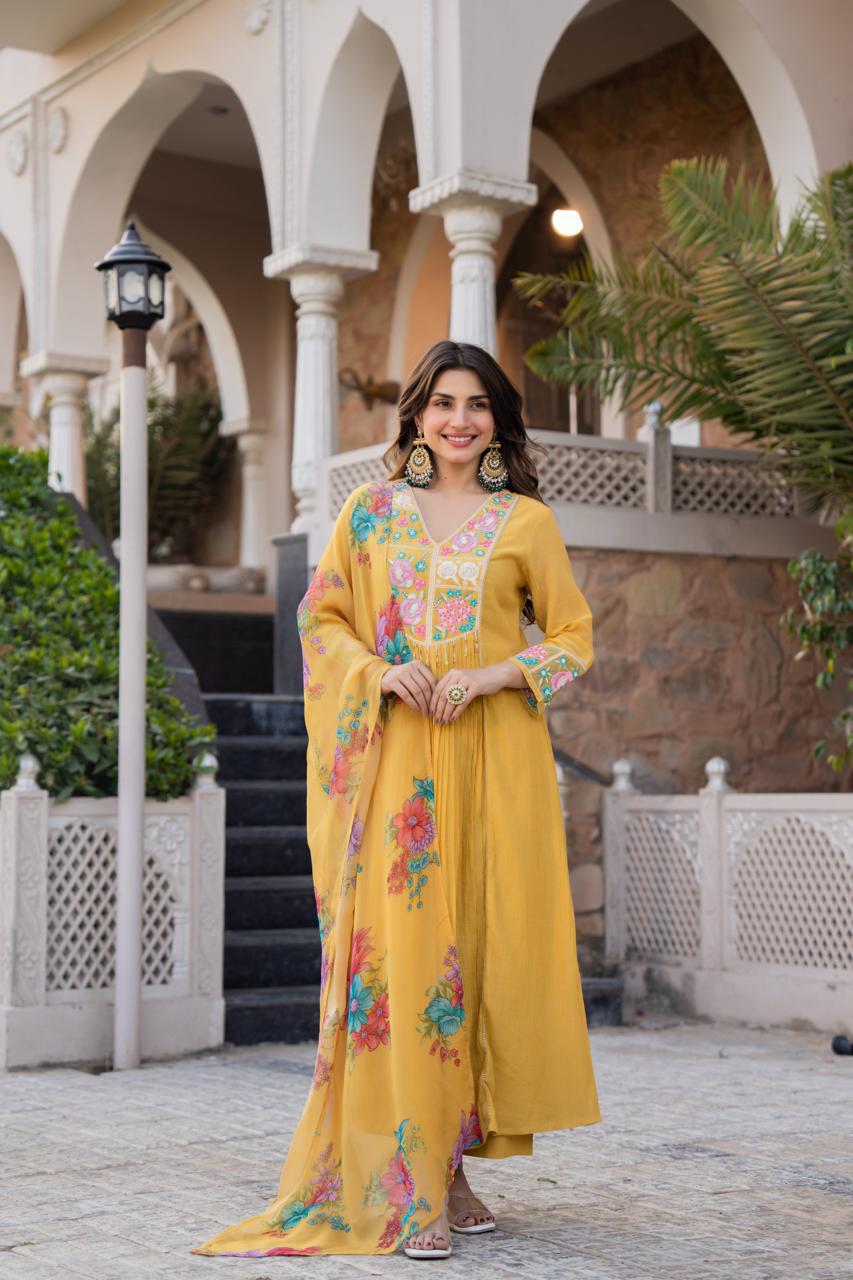 Crush crape with heavy hand work and Kalamkari dupatta in yellow