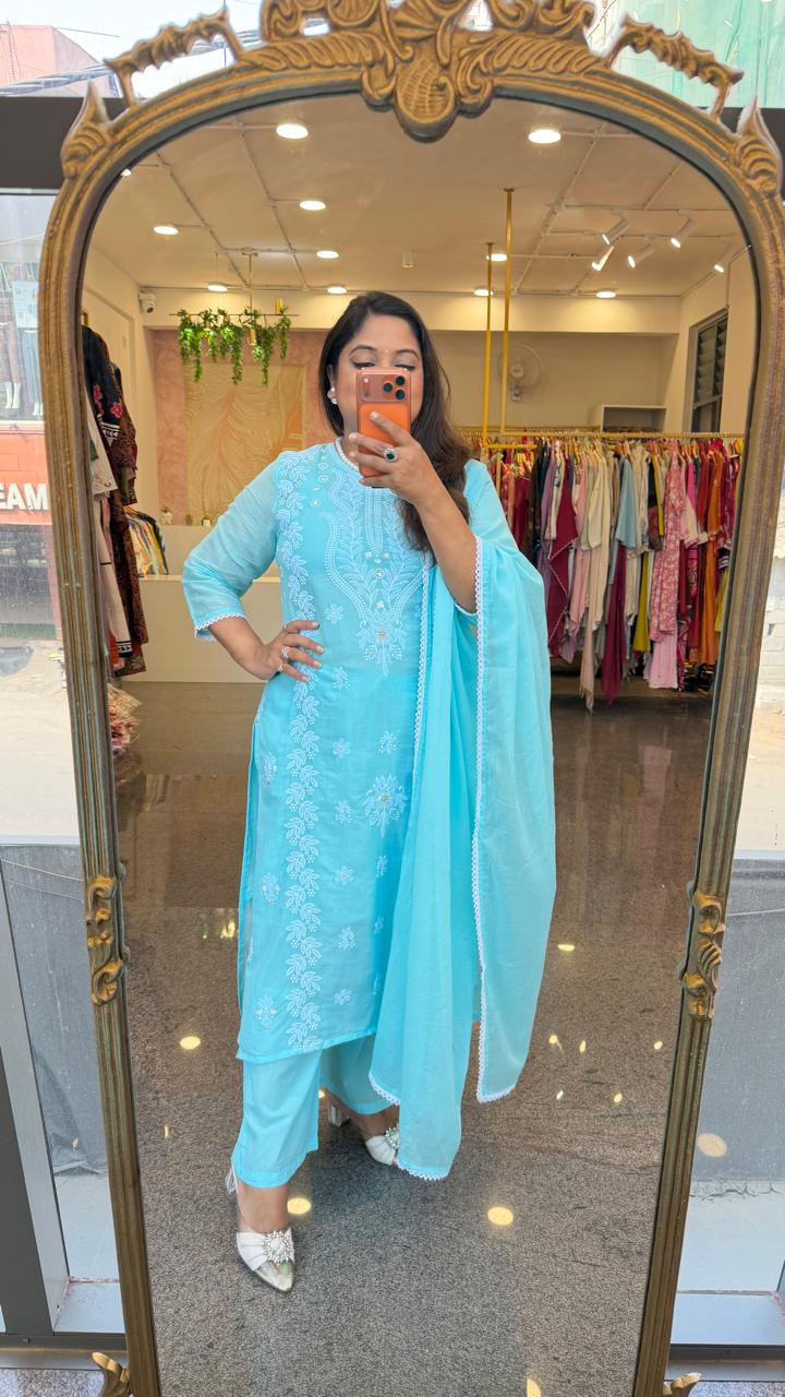 Pure mul cotton chikankari suit set in Sea Green