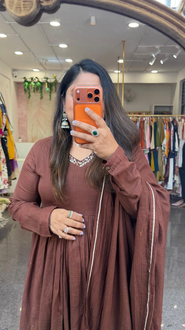 Premium Alia cut cotton suit set in brown