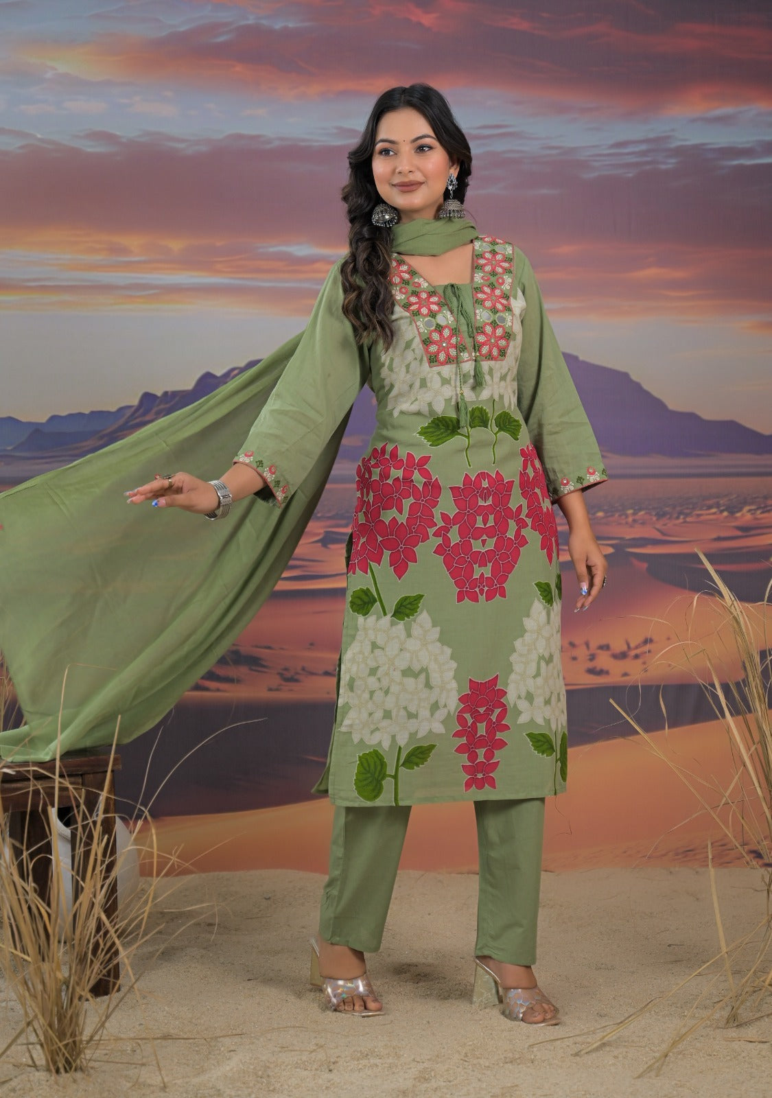 Mul cotton suit set in green