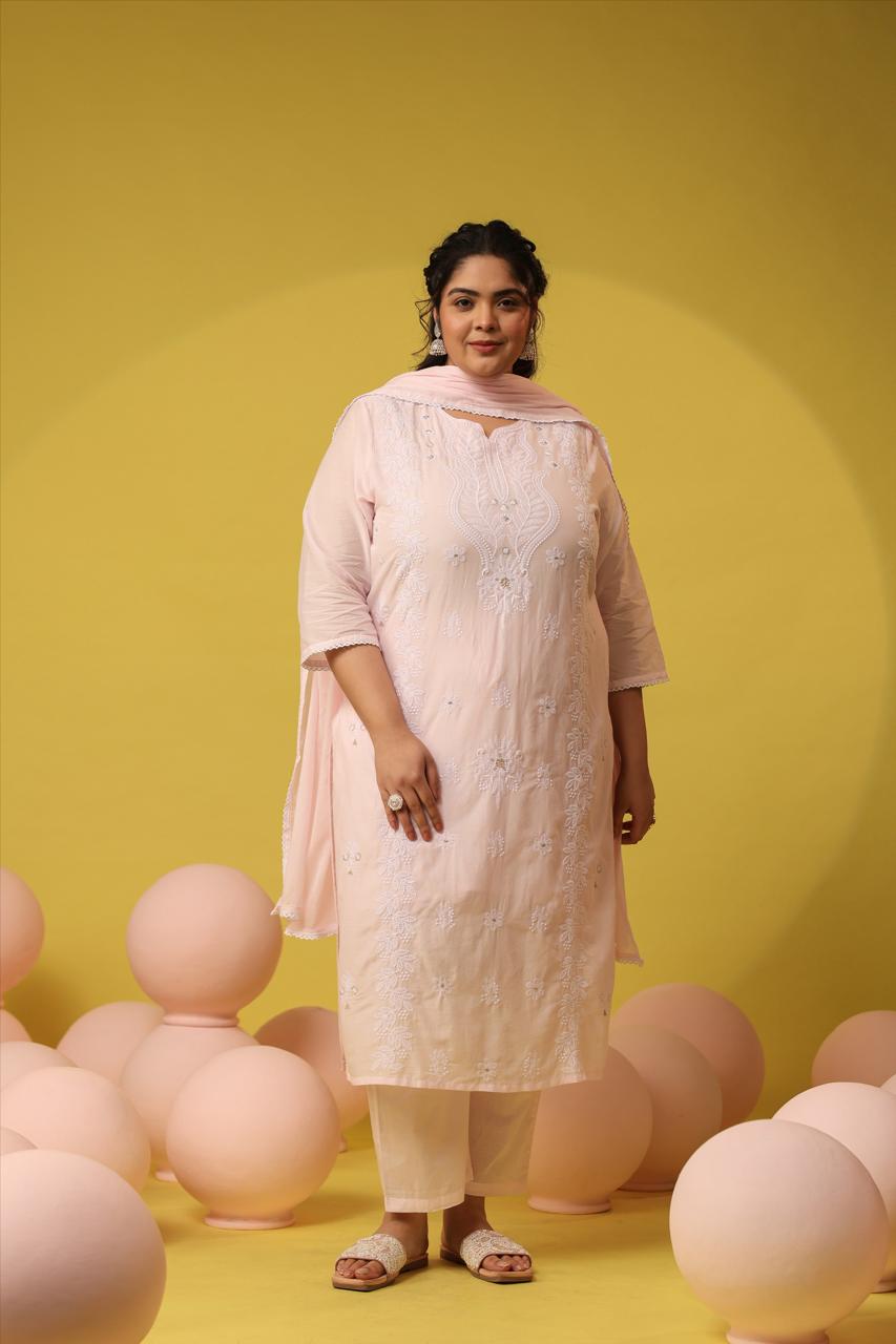 Pretty Mul cotton powder pink chikankari suit set