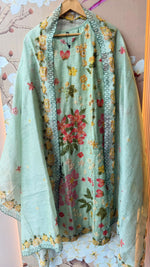 Linen chanderi githan work full suit set in blue