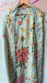 Linen chanderi githan work full suit set in blue