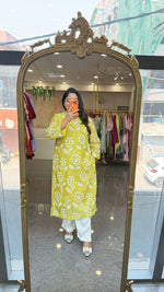 Restocked on high demand ! Celebrity design embroidered Mul chanderi kurta pant in lime green