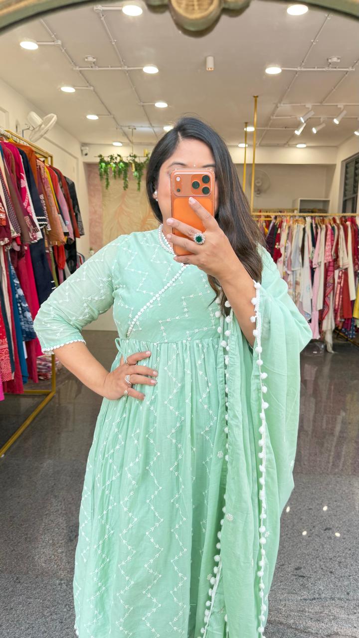 Pure Mul cotton fully embroidered front n back angrakha suit set in mint green