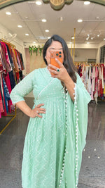 Pure Mul cotton fully embroidered front n back angrakha suit set in mint green