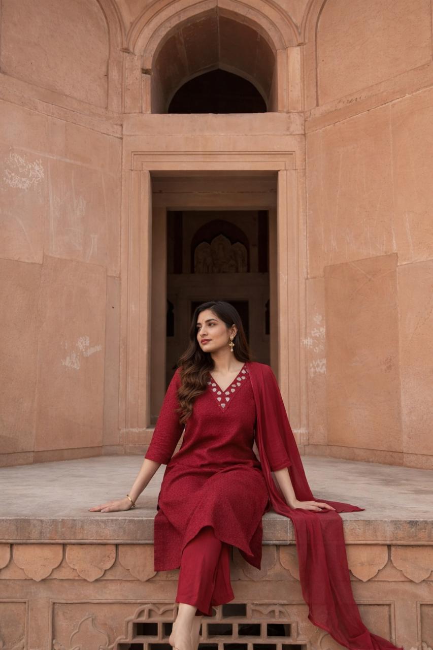 Premium shifli cotton full suit set in red with real mirror on yoke