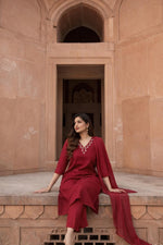 Premium shifli cotton full suit set in red with real mirror on yoke