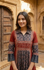 Pretty ajrakh cotton real mirror one piece in red