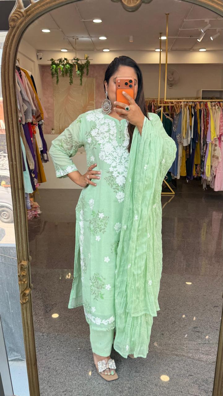 Restocked the bestseller ! Pure Mul cotton chikankari full suit set in pista green