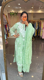 Restocked the bestseller ! Pure Mul cotton chikankari full suit set in pista green