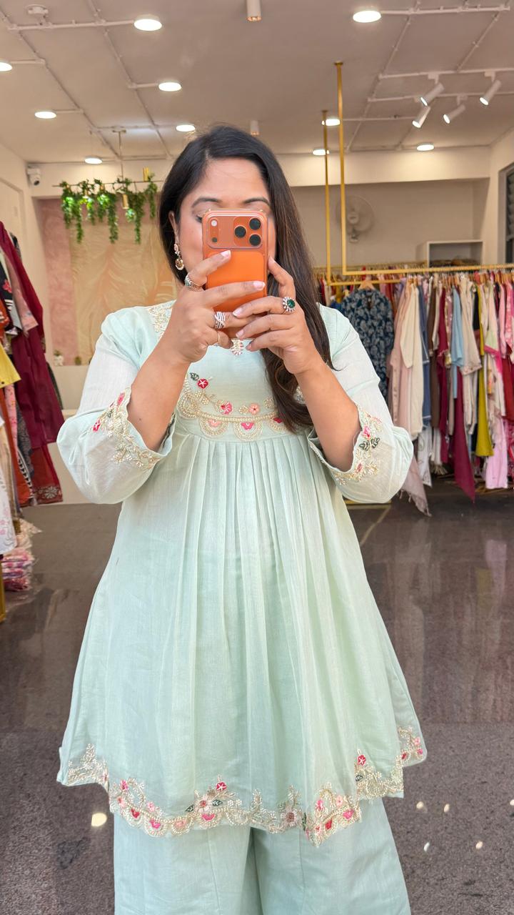 Pretty Mul chanderi had work detailing full suit set in mint green