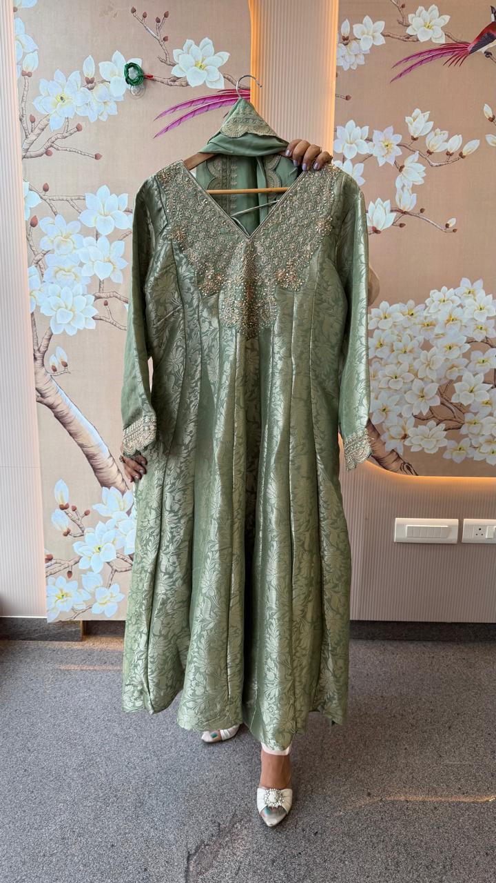 Designer back premium brocade Anarkali suit set in green