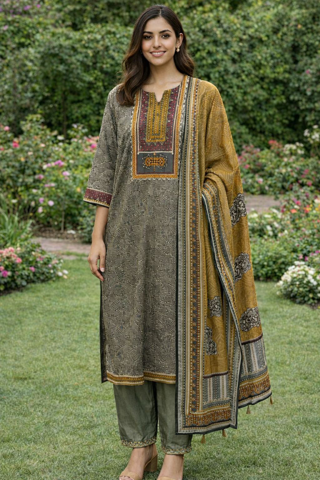 Pure cotton ajrakh full suit set with katha stitch detailing