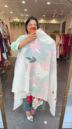 Pretty cotton githan work paired with applique dupatta and both sides pocket pant in green