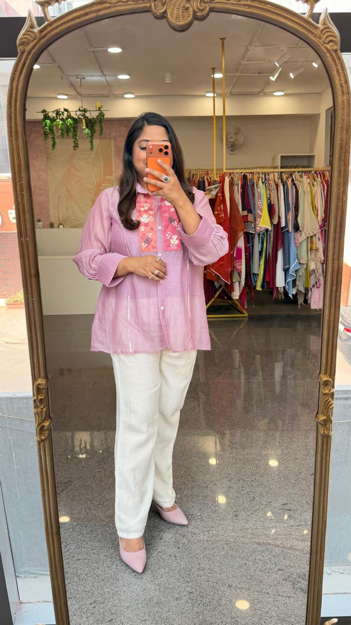 Super super pretty handwork pure mulchanderi Co ord comes with inner in powder purple