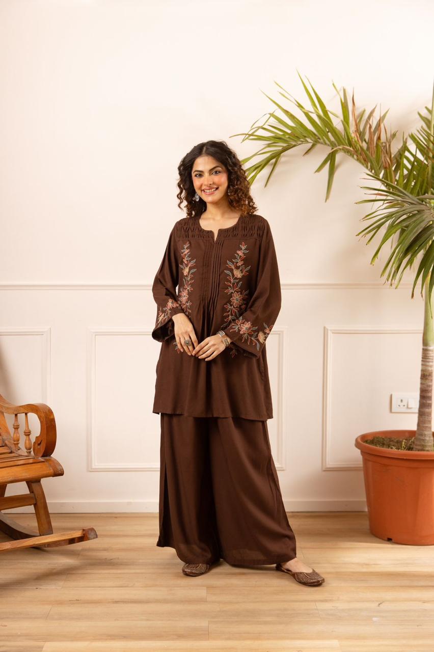 Heavy slub cotton embroidery brown co ord paired with palzzo pant