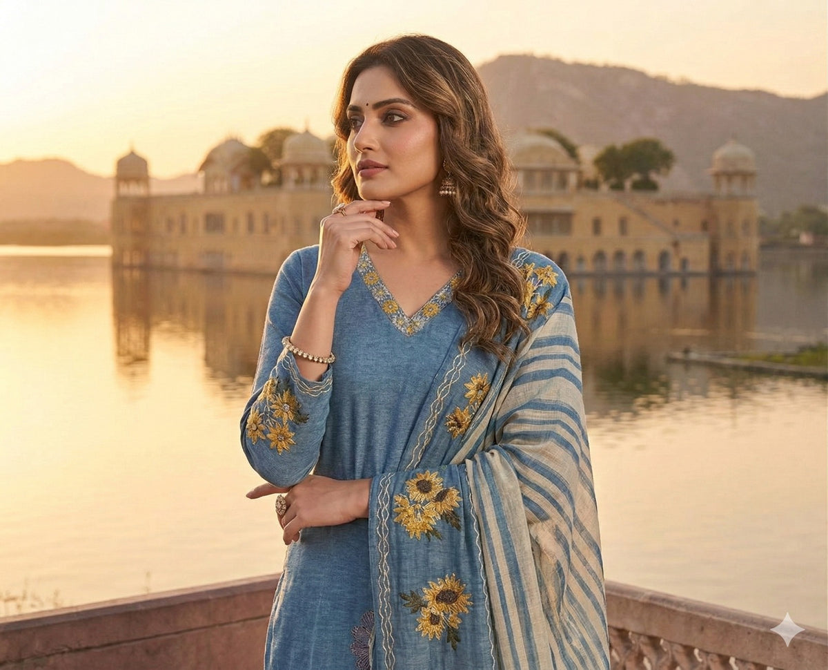 Linen chanderi githan work full suit set