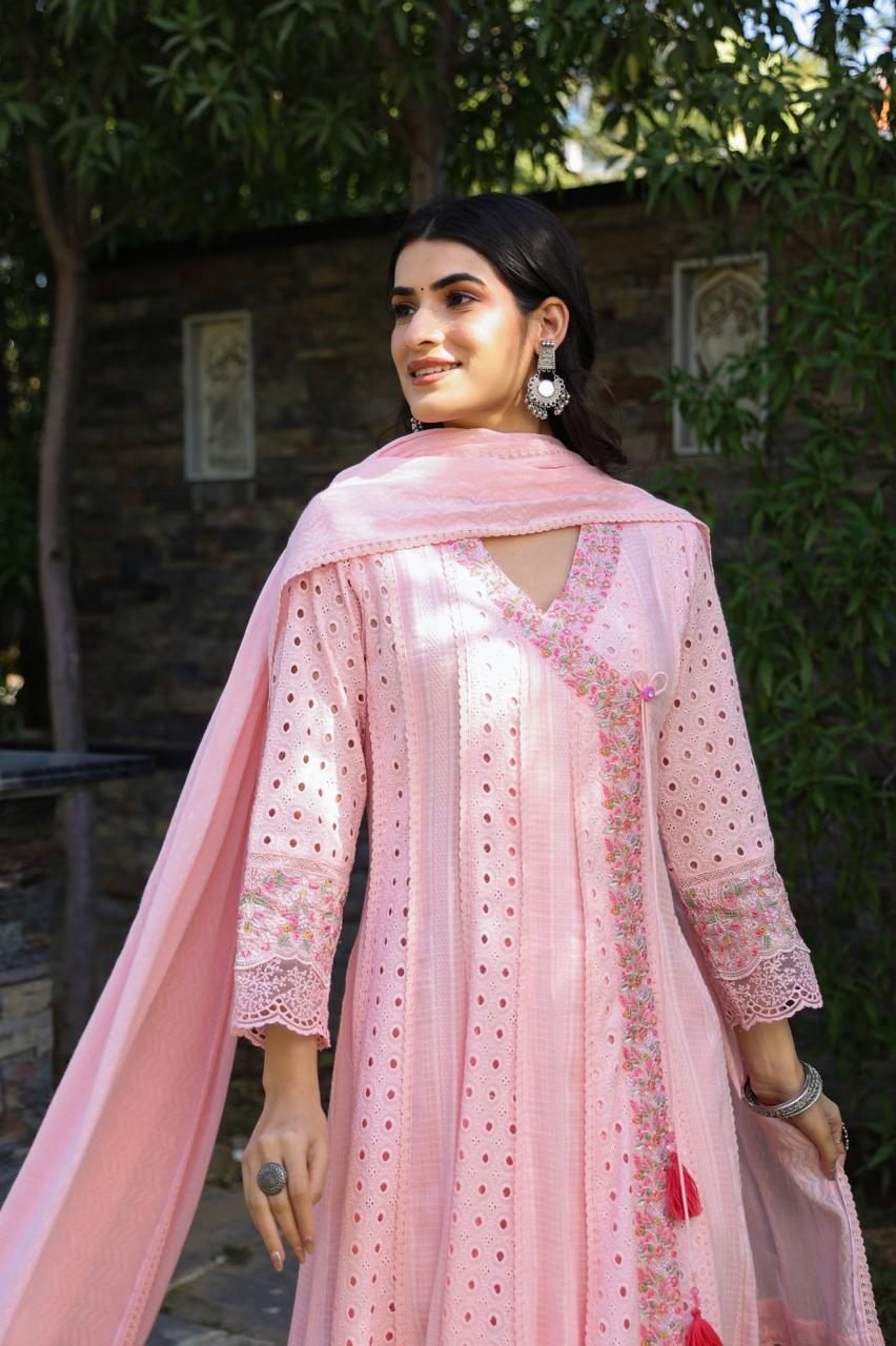 Super smart Hakuba shifli textured cotton Anarkali suit set in pink