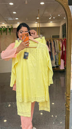 Mul cotton chikankari lining co ord set in yellow( slight slim)