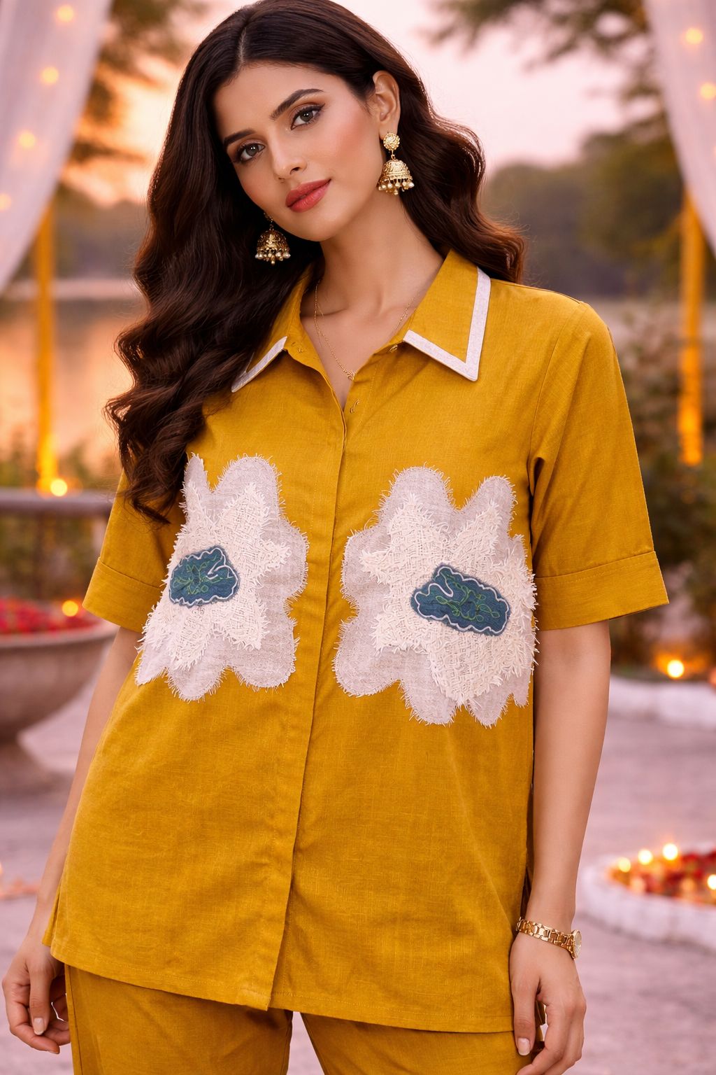 Applique work cotton co ord set in yellow