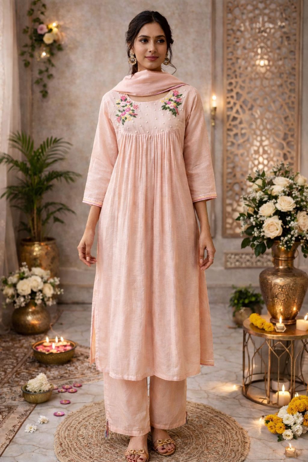 Pure Banarasi Mul chanderi pretty embroidery in nude pink