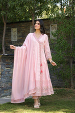 Super smart Hakuba shifli textured cotton Anarkali suit set in pink