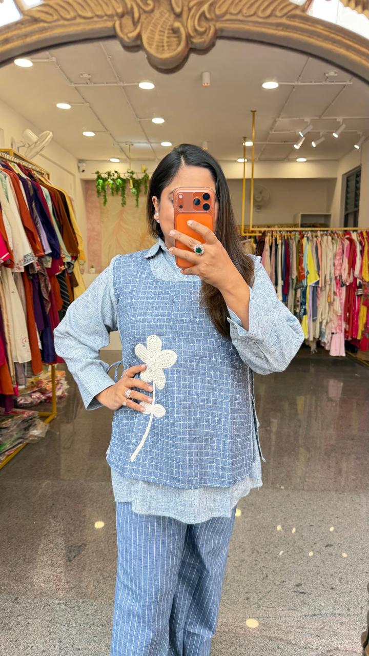 Smart organic cotton applique co ord set in blue