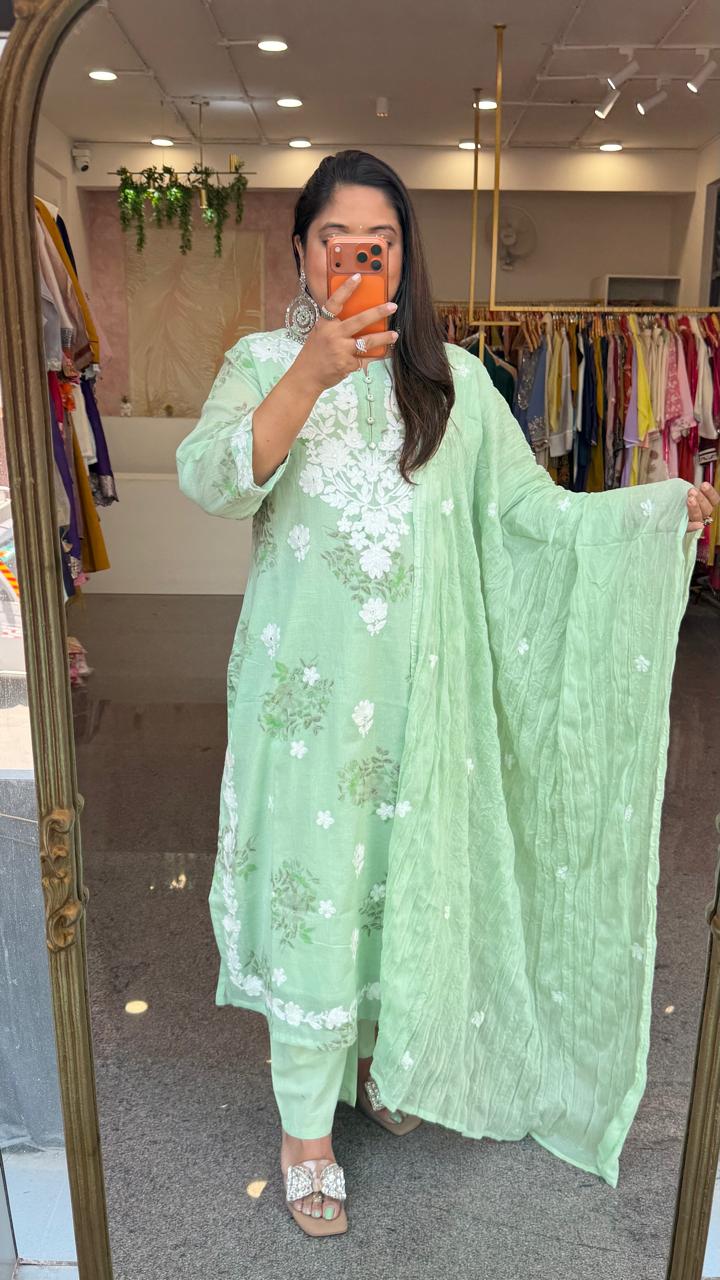 Restocked the bestseller ! Pure Mul cotton chikankari full suit set in pista green