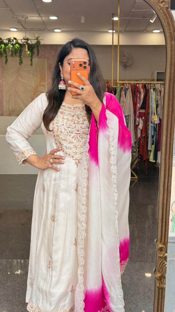 Pure dola silk hand work suit set with pretty handwork crepe dupatta