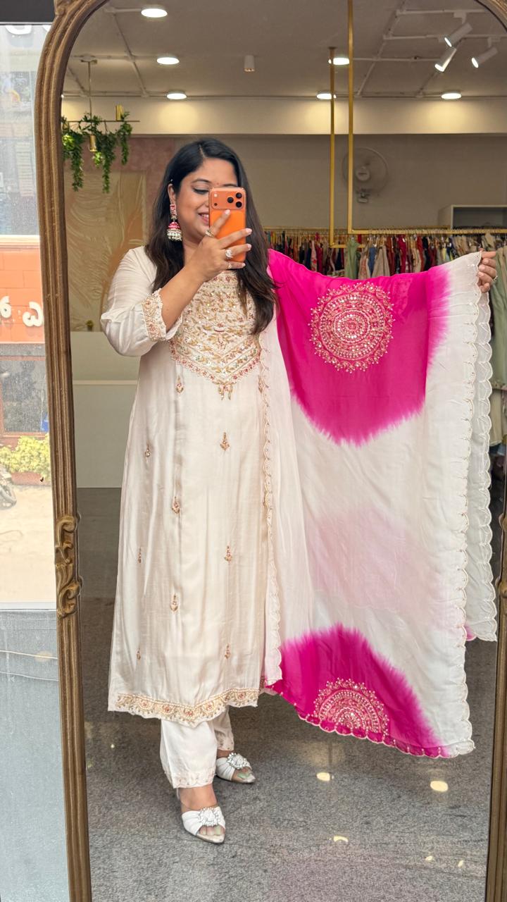 Pure dola silk hand work suit set with pretty handwork crepe dupatta