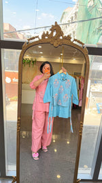 Pure cotton jute jacket smart blue co ord set