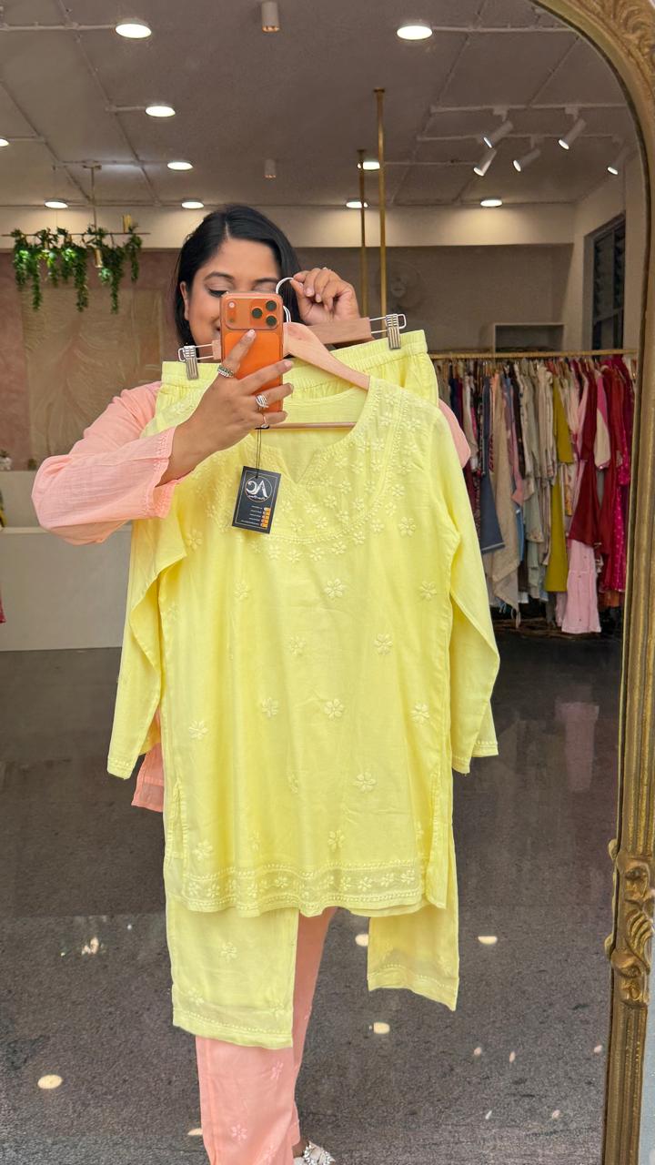 Mul cotton chikankari lining co ord set in yellow( slight slim)