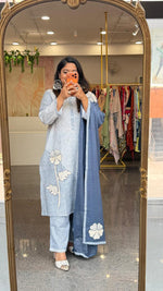 Organic cotton applique work true to size suit set in blue