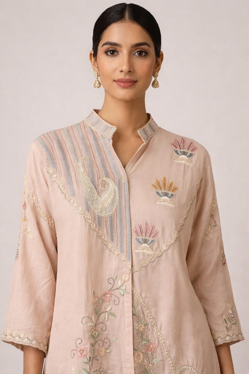 Heavy chinon nude pink embroidered Co ord set