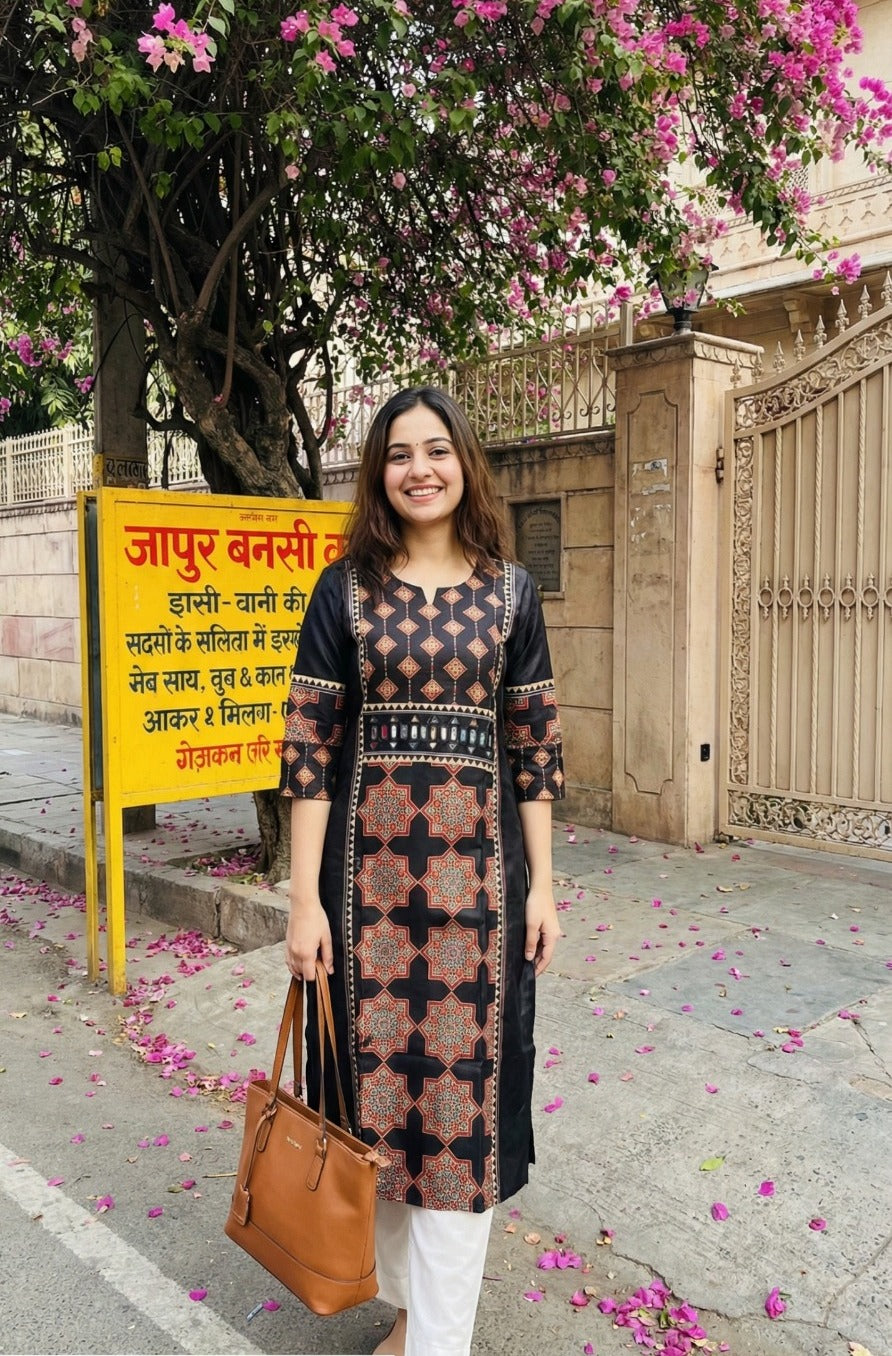 Gaji silk black ajrakh kurta