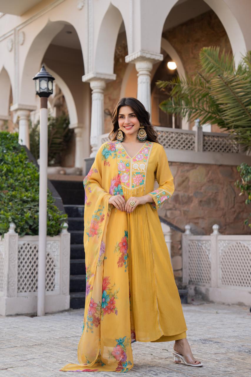 Crush crape with heavy hand work and Kalamkari dupatta in yellow
