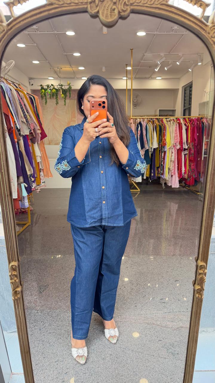 Soft denim cotton fully embroidered sleees co ord