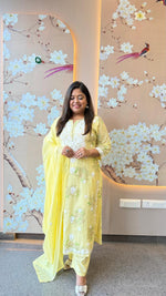 Restocked pure Mul cotton chikankari full suit set in yellow