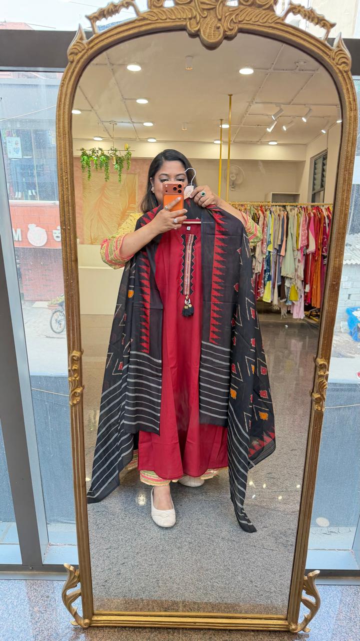 Red Cotton suit set paired with Ikkat dupatta in black