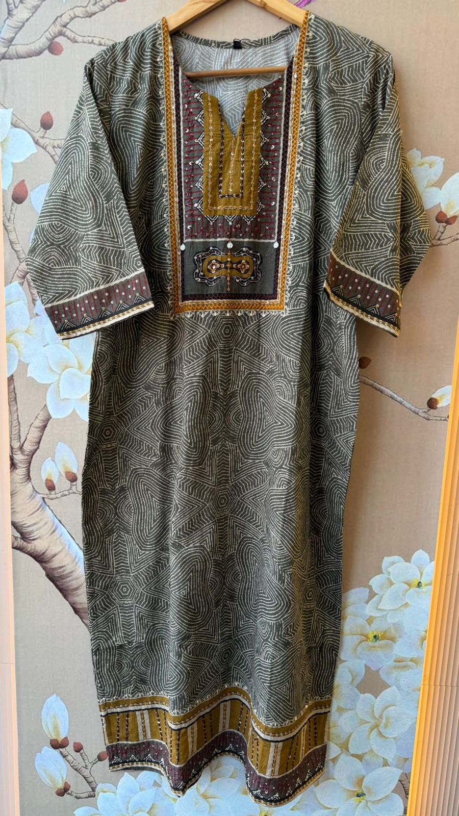 Pure cotton ajrakh full suit set with katha stitch detailing