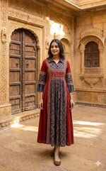 Pretty ajrakh cotton real mirror one piece in red