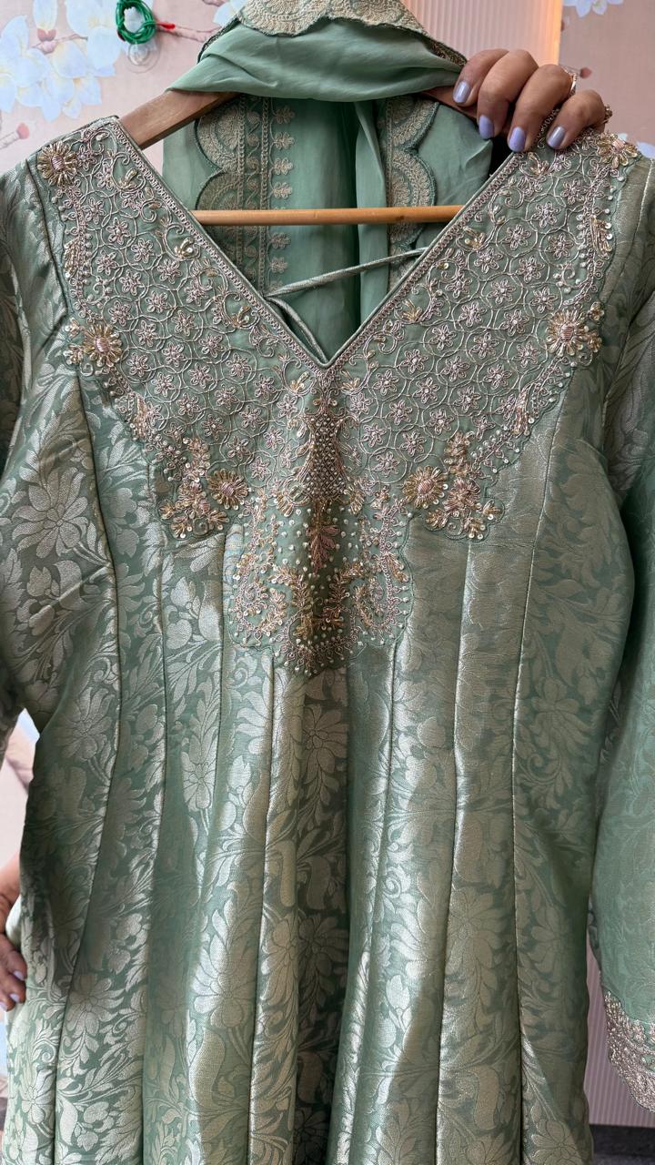 Designer back premium brocade Anarkali suit set in green