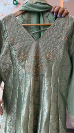 Designer back premium brocade Anarkali suit set in green