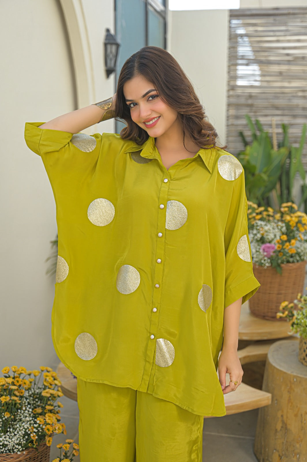 Pure crepe gold Zari applique co ord set in green